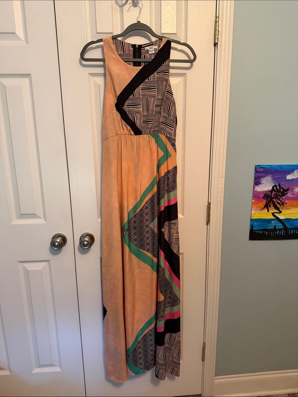 Bar III Peach and Black Geometric Maxi Dress with Green Accents S